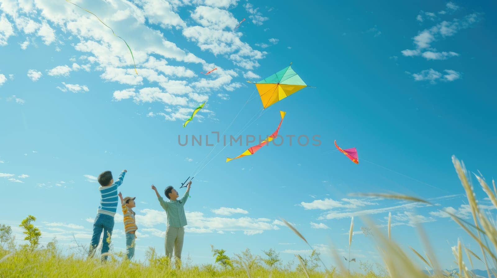 A happy family enjoys flying kites in the sky, surrounded by the natural landscape of a grassy field under the clouds. AIG41