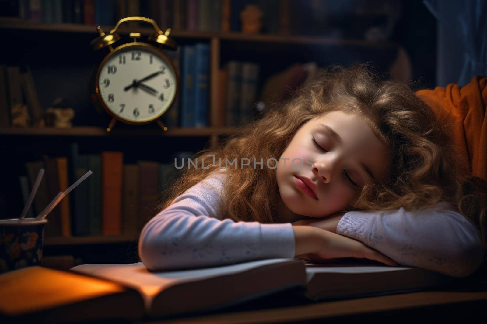 Exhausted Sleeping little girl tired of doing homework at desk. Learning children at home tiny student. Generate Ai