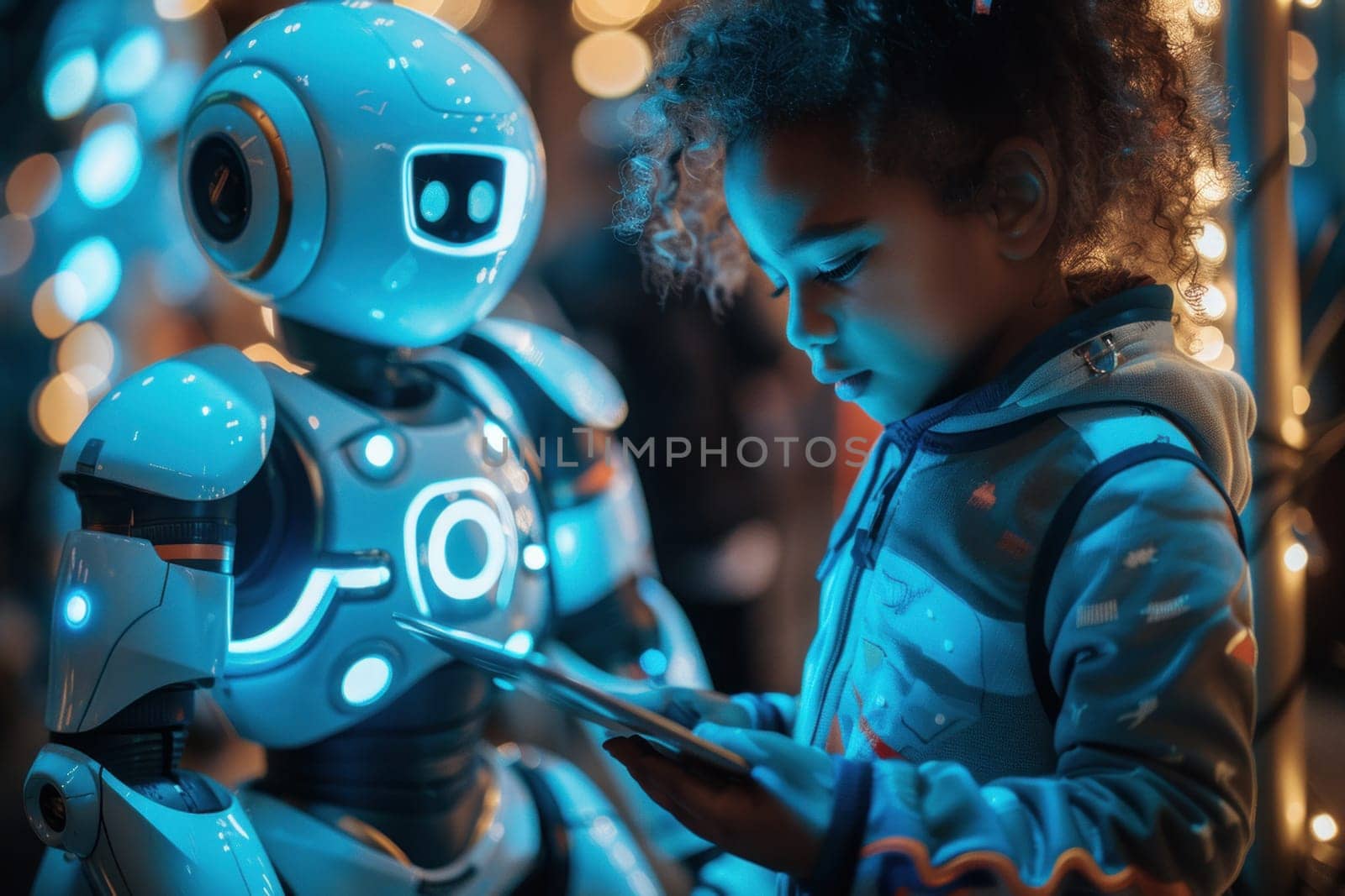 A young female child stands beside a futuristic robot.