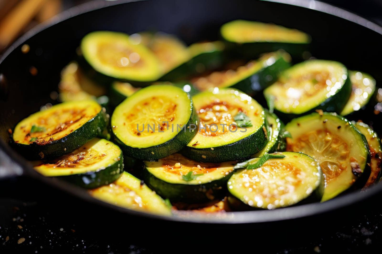 Fresh Sliced zucchini in pan on table. Summer food cuisine dinner slice. Generate Ai