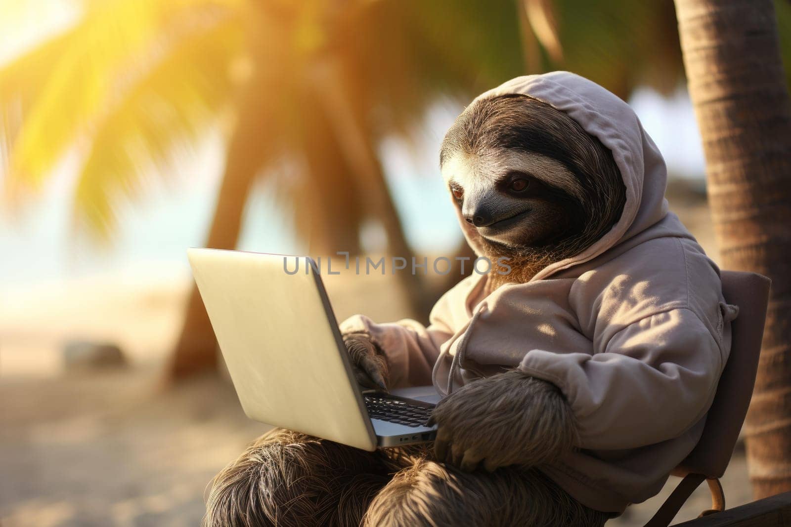 Laid-back Sloth freelancer beach. Generate Ai by ylivdesign