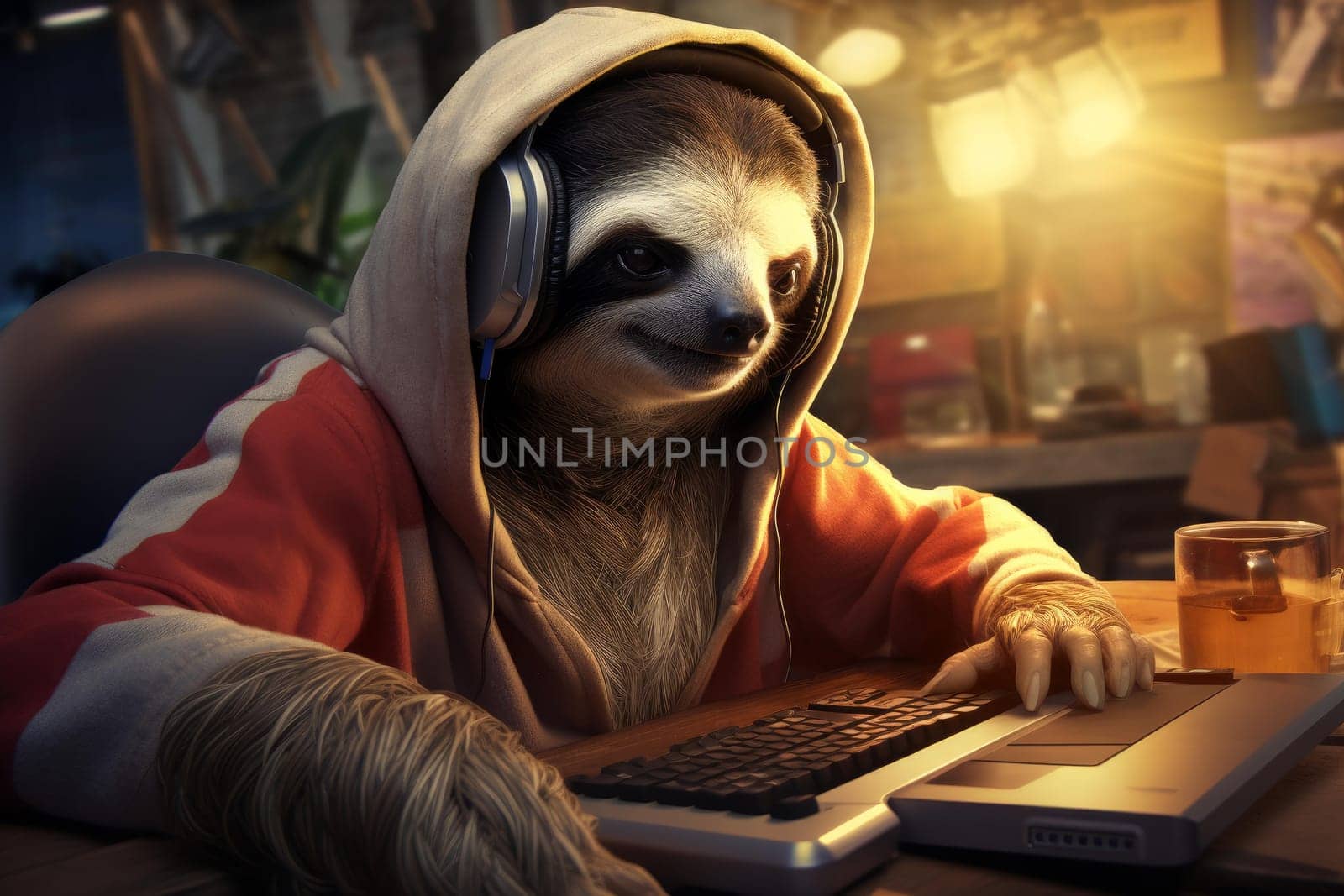 Leisurely Sloth freelancer. Nature cute animal. Generate Ai
