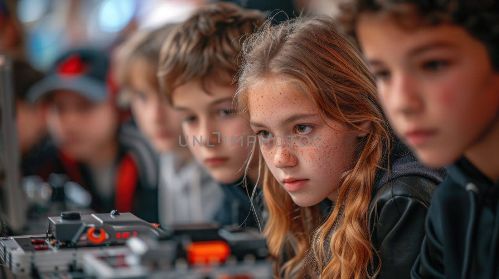 A group of young children looking attentively at a computer screen while interacting with robots.