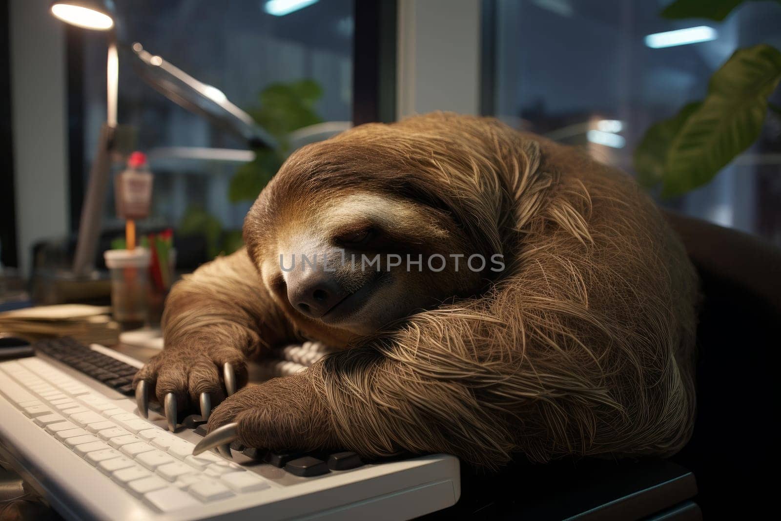 Lethargic Sloth sleeping office. Generate Ai by ylivdesign