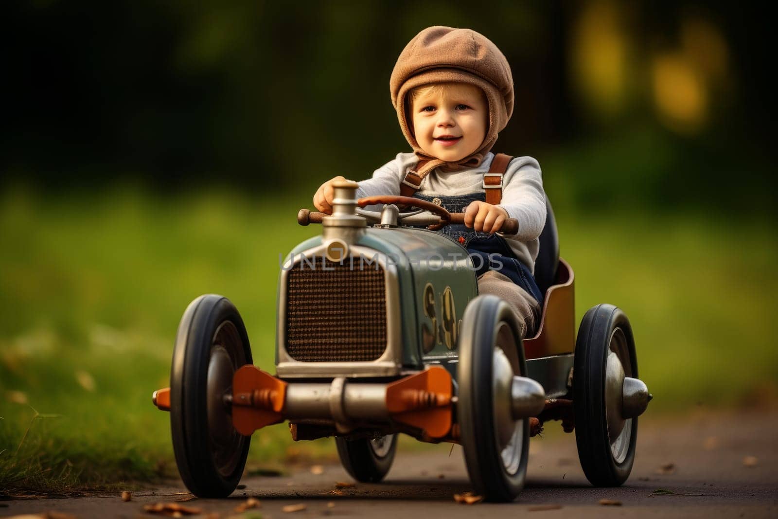 Adventurous Small boy riding car race. Generate Ai by ylivdesign