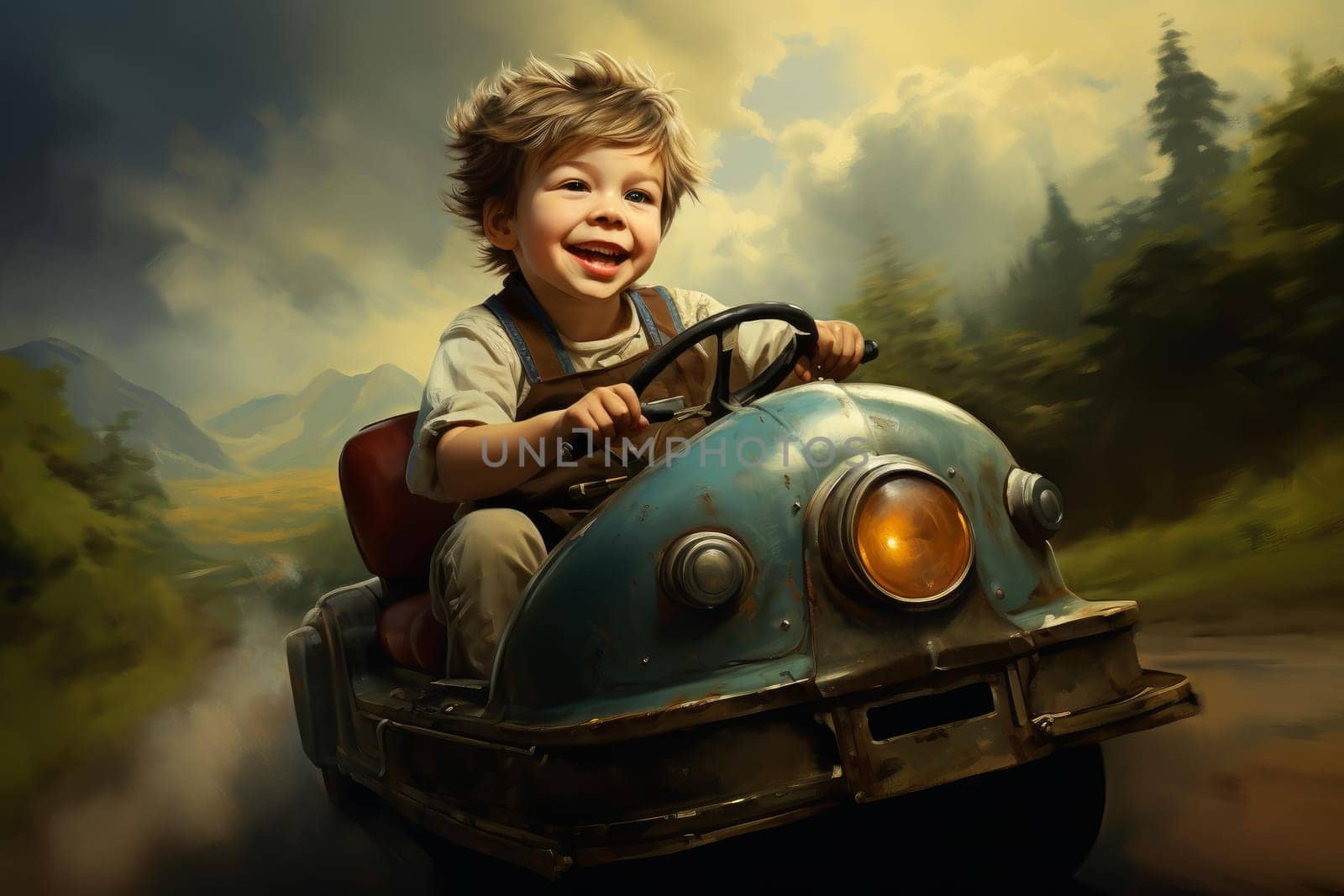 Adventurous Small boy riding car speed. Big automobile. Generate Ai