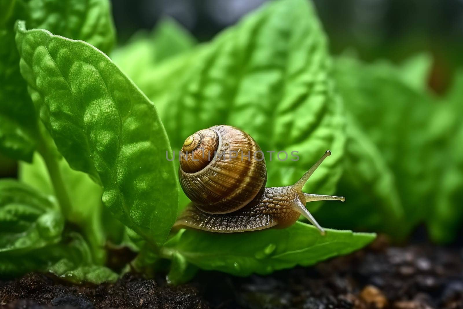 Tiny Small snail green water drop. Fauna wildlife. Generate Ai