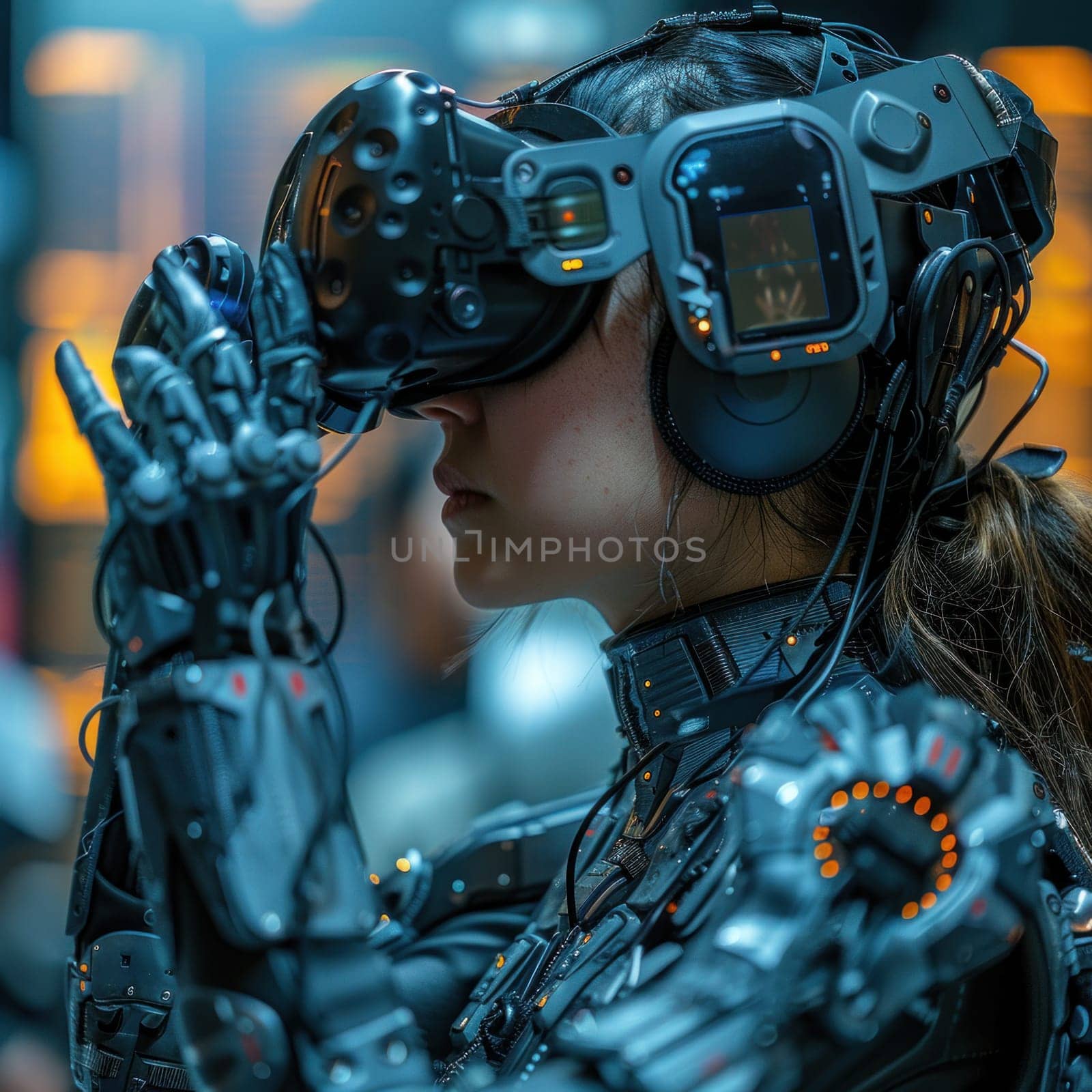 A woman wearing a robot suit is listening to music using headphones in a futuristic setting.