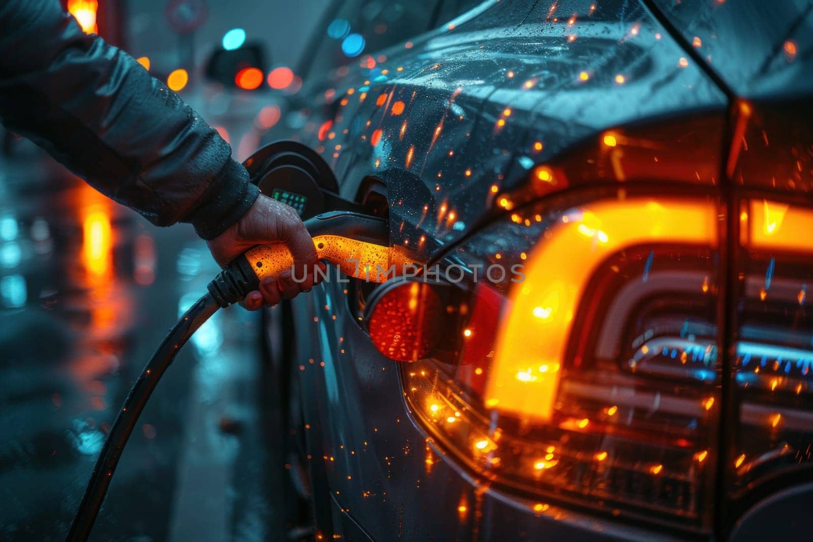 Person Pumping Gas Into Electric Car by but_photo