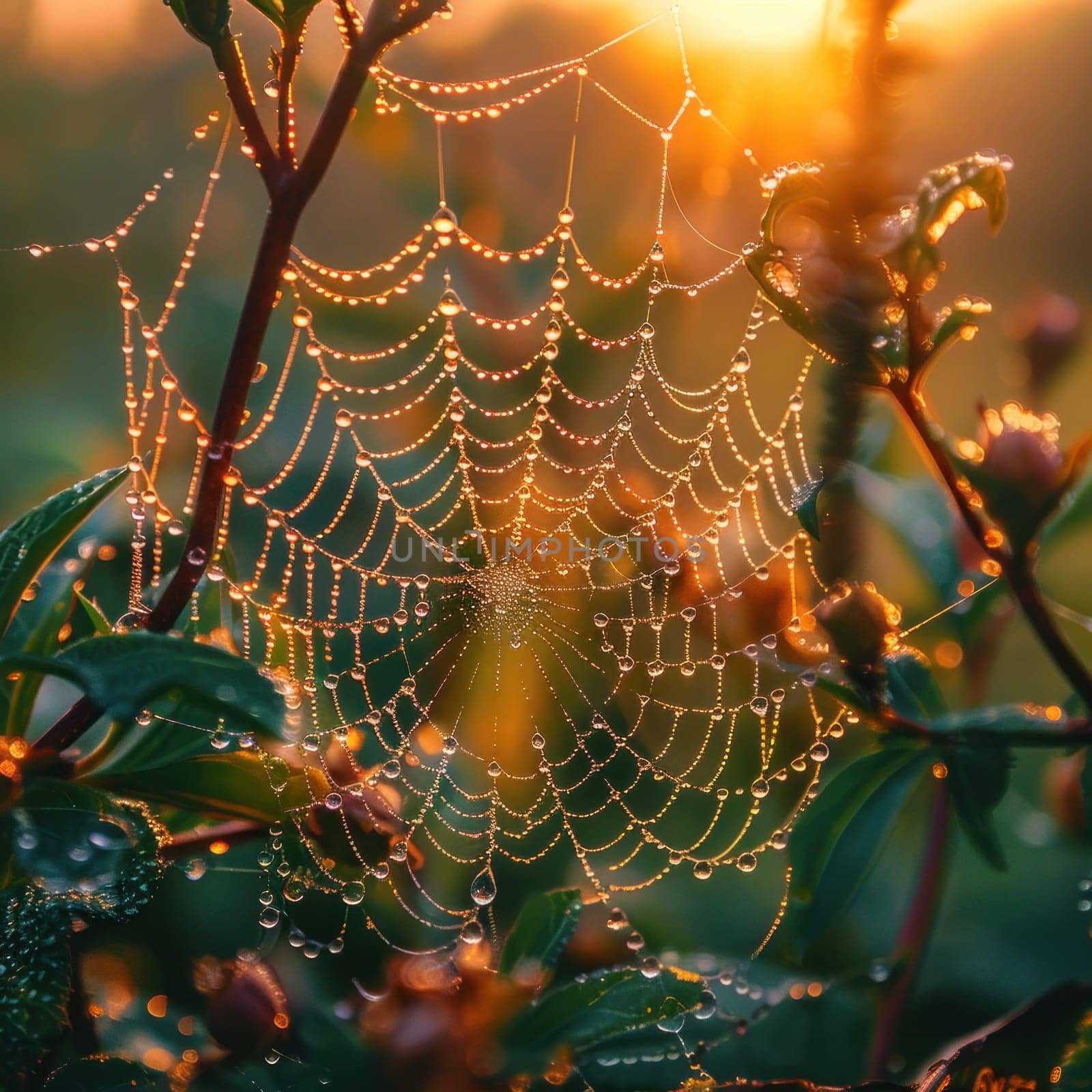 A spider web glistens with dew droplets as it clings to a lush green plant, showcasing natures intricacy.