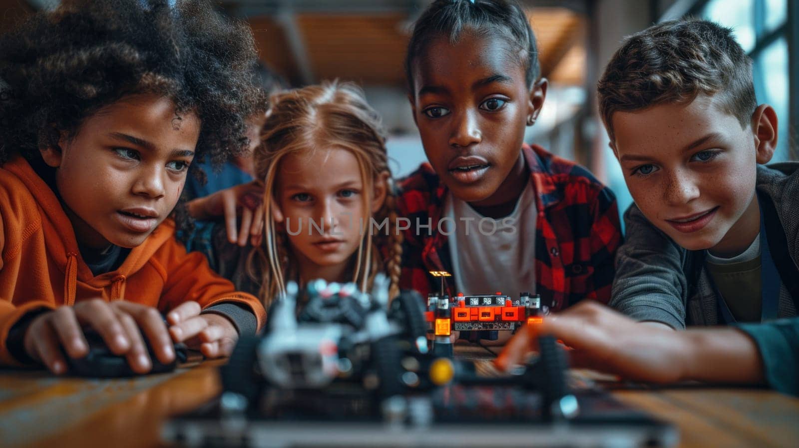 Children of various ages and genders are curiously watching a robot with interest.