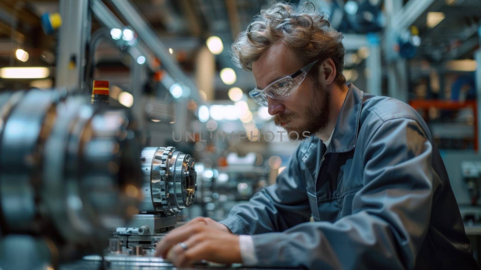 A man in industrial workwear focuses on repairing a machine in a busy factory setting.