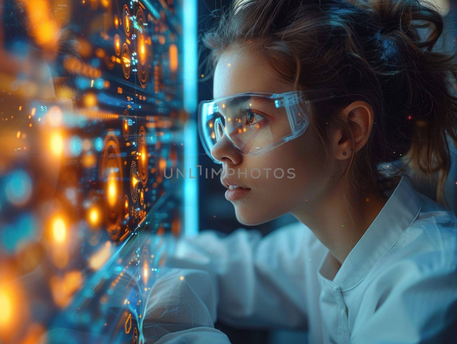 A female scientist wearing a lab coat and safety goggles is studying data on a computer screen with infographics displayed.