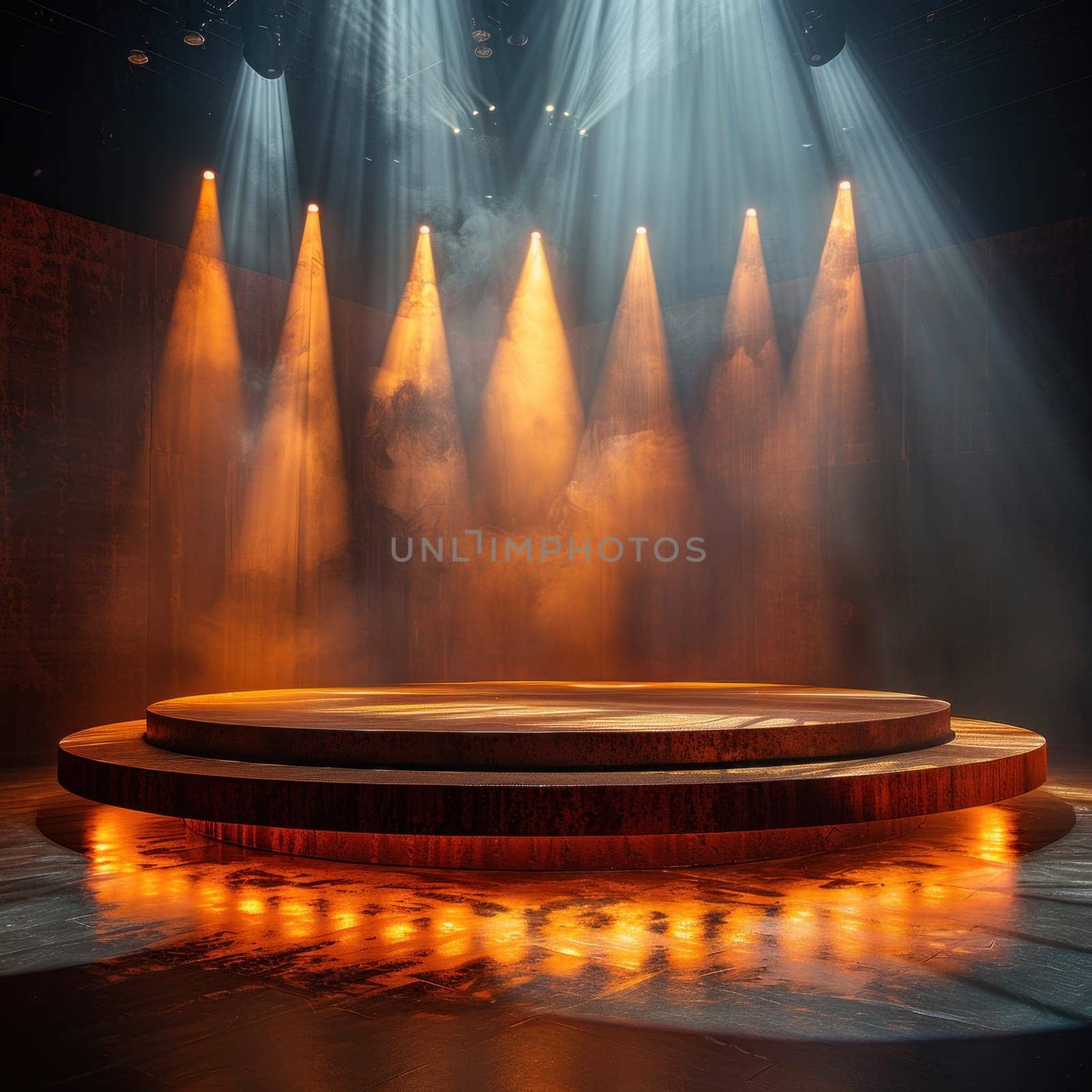 A stage with vibrant lights shining on it, creating a lively atmosphere.
