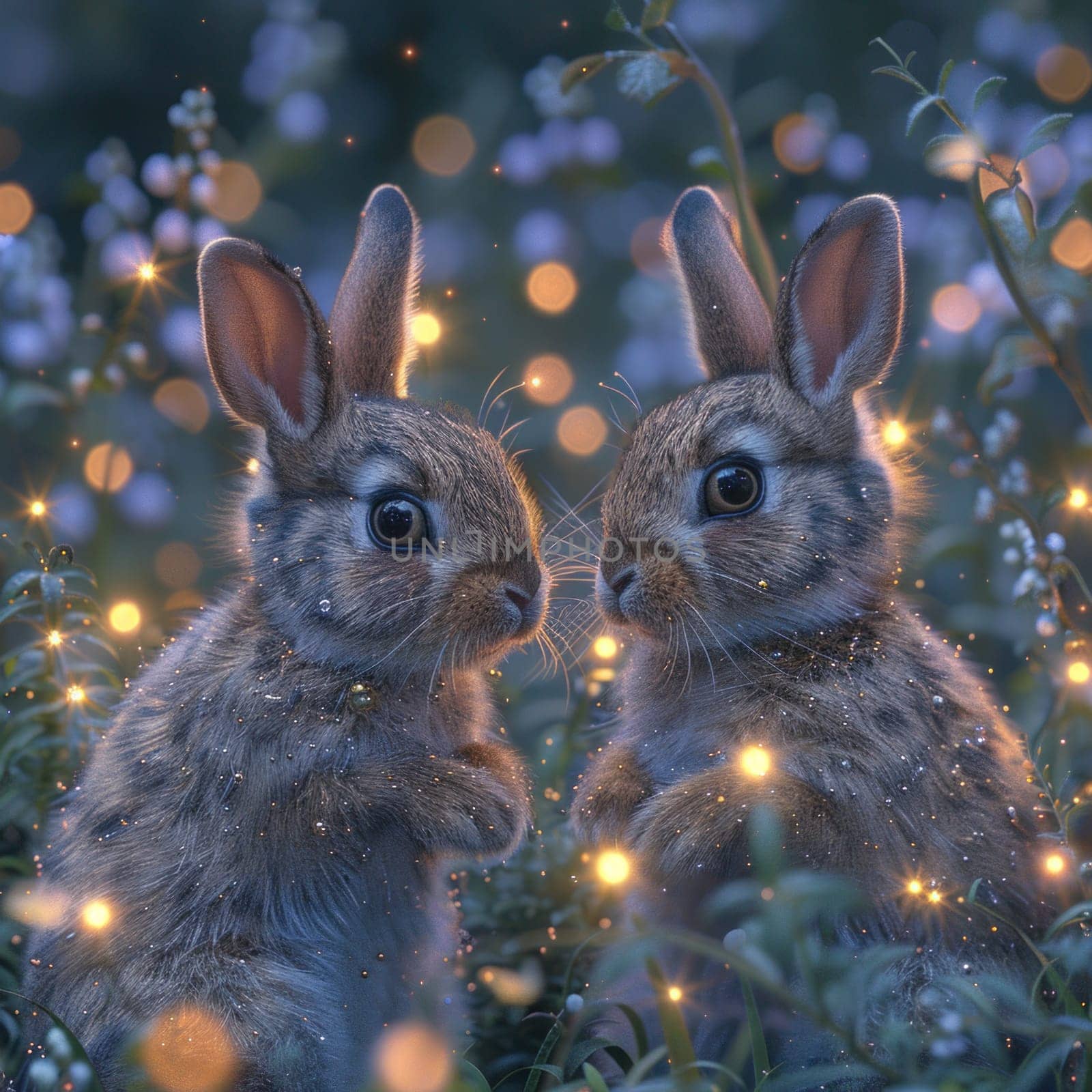 Two rabbits are seated in a grassy field.