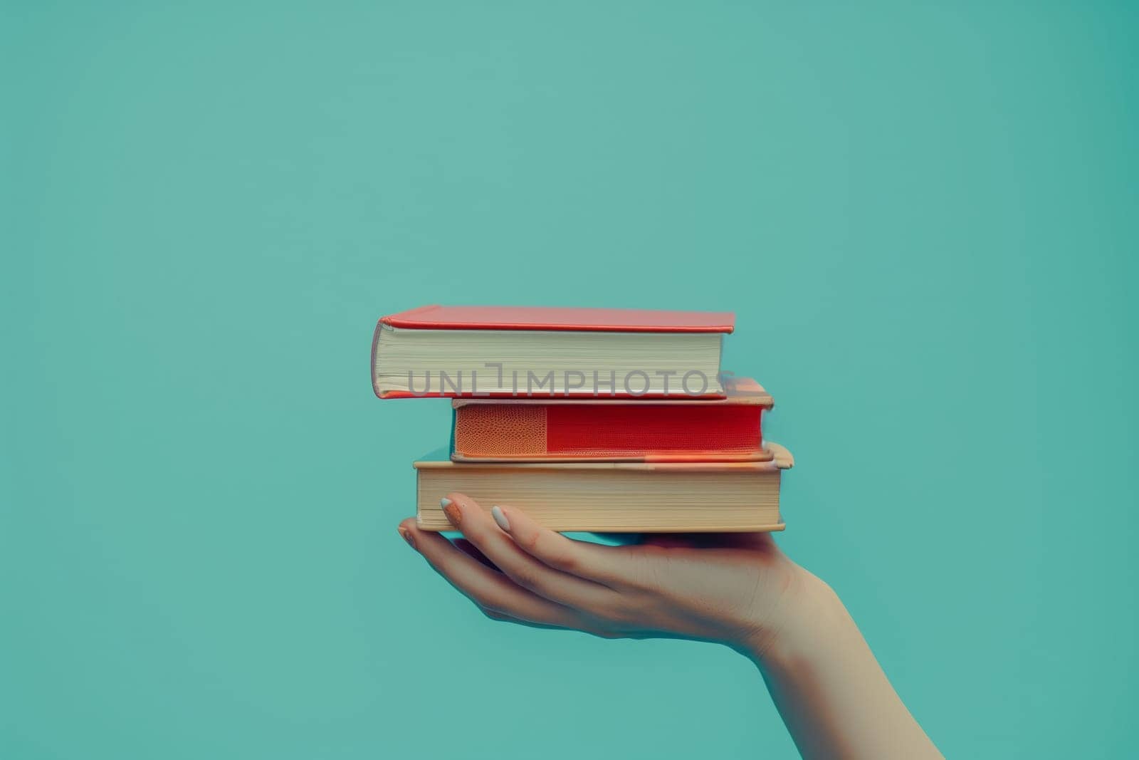 The persons hand is filled with a stack of books, showcasing a gesture of knowledge and art. The books are held securely with their thumb and wrist, against the electric blue backdrop