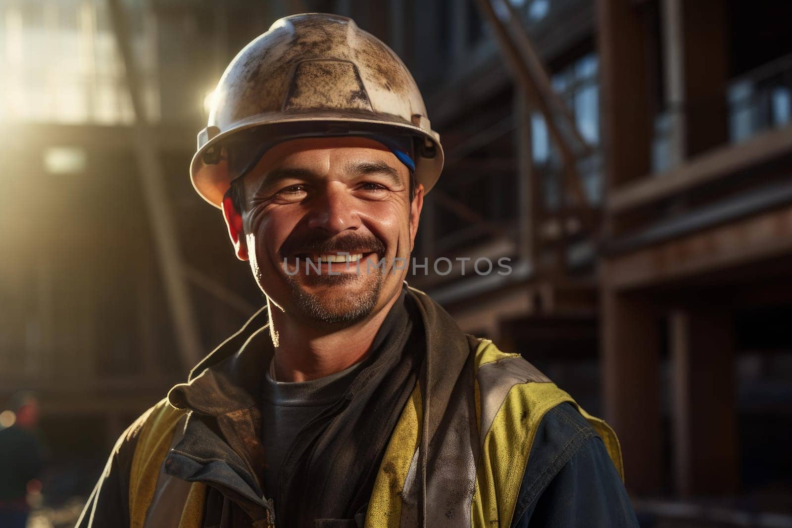 Hardworking Construction smiling worker standing. Safety work. Generate Ai