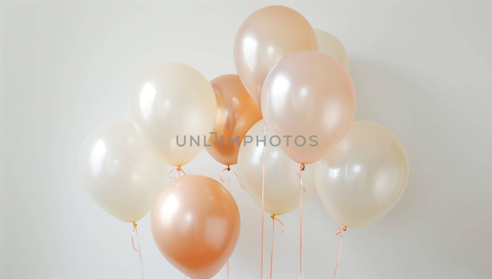Balloons on a string against a white wall, perfect for events and parties by richwolf