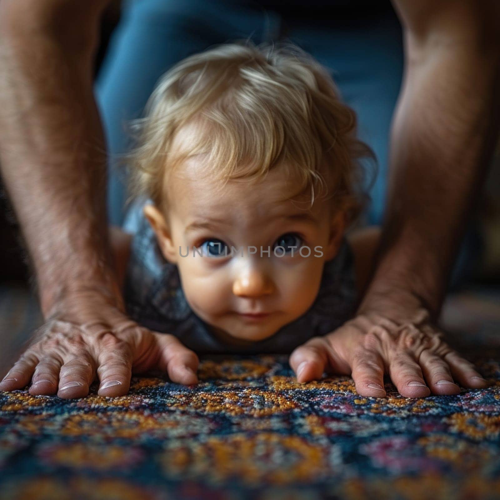 A baby is looking up at the camera while a father stands beside them in a hyper-realistic advertisement photograph.