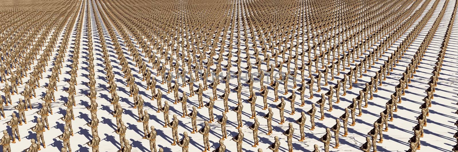 A seemingly infinite array of virtual soldiers in desert camouflage attire marching on a stark white ground.