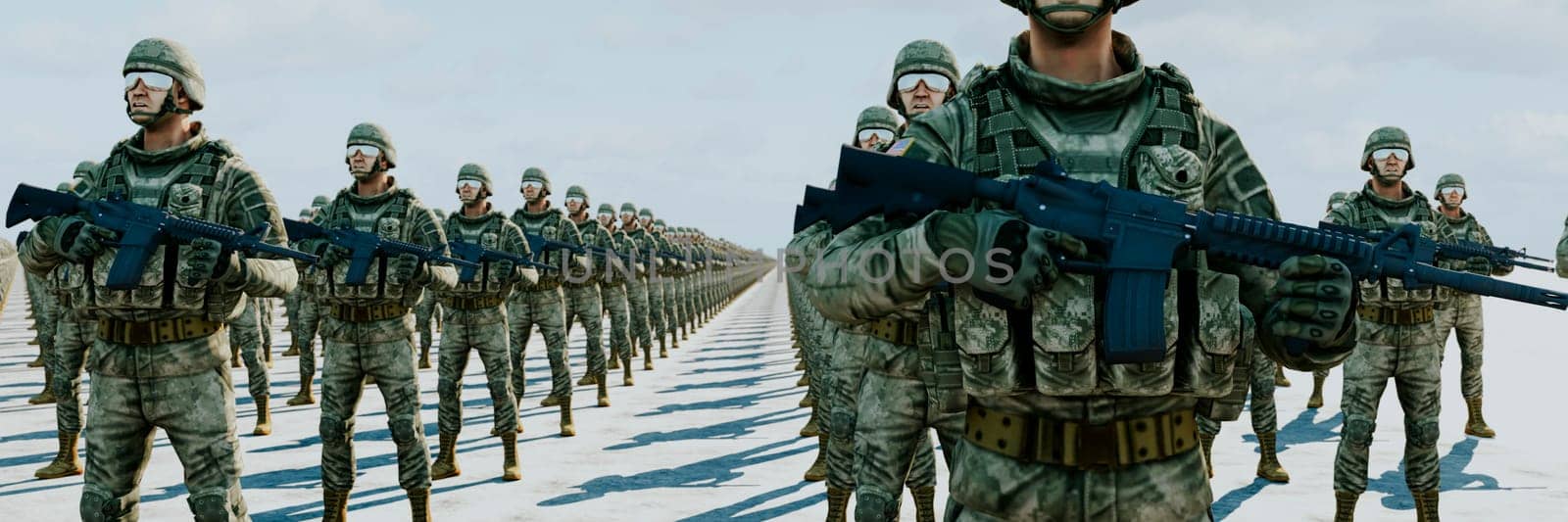 Digitally created image of an unending line of soldiers clad in pixelated camouflage, poised and ready.