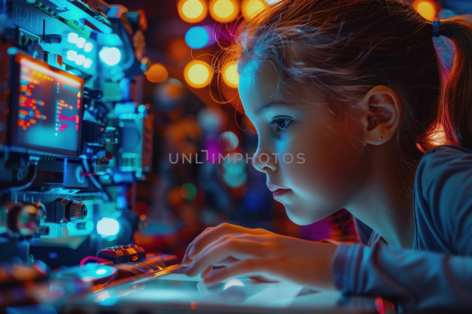 A young girl sits in a brightly lit room, focused on using a laptop computer.