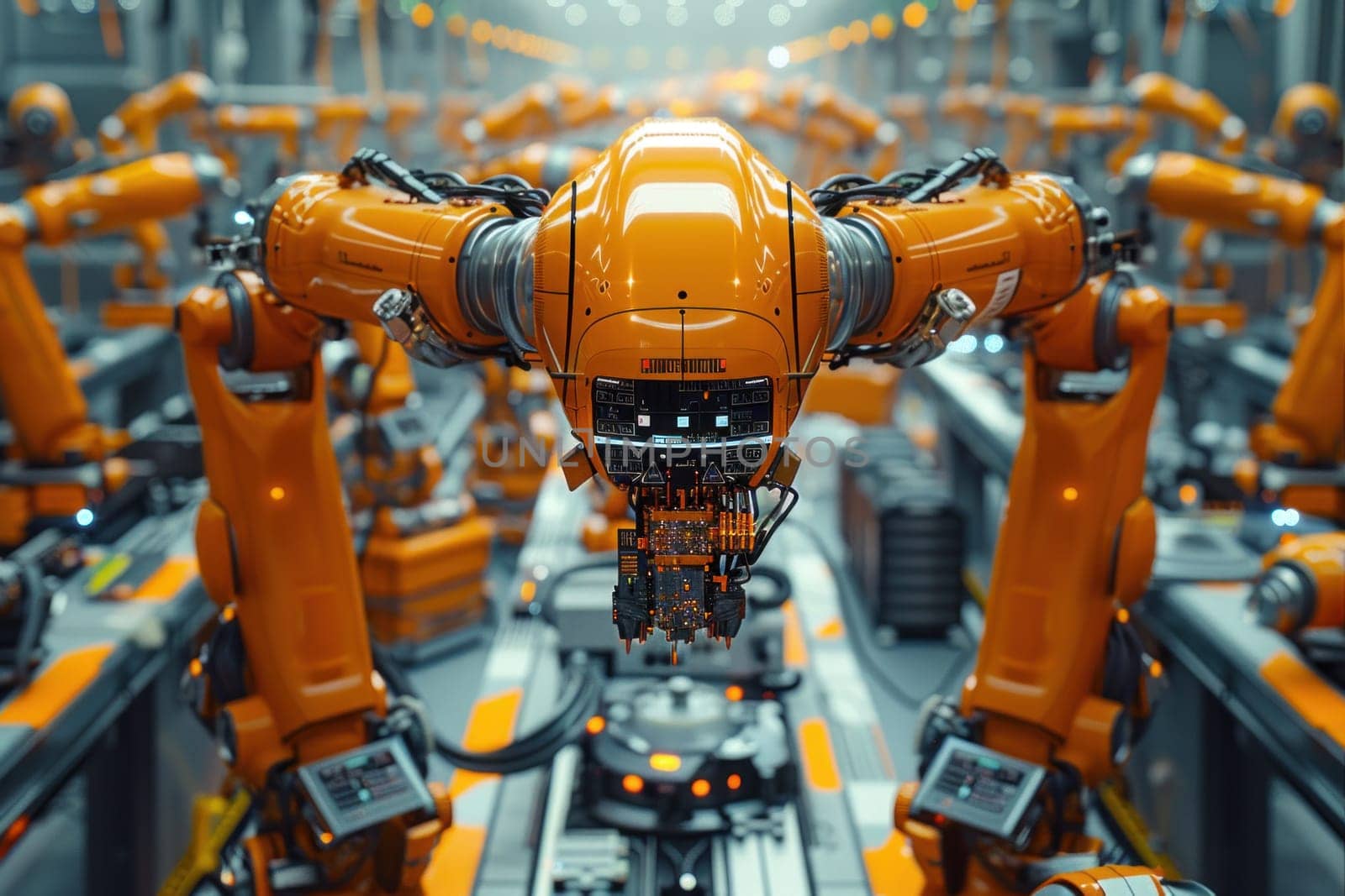 Orange Robots in a Busy Factory by but_photo