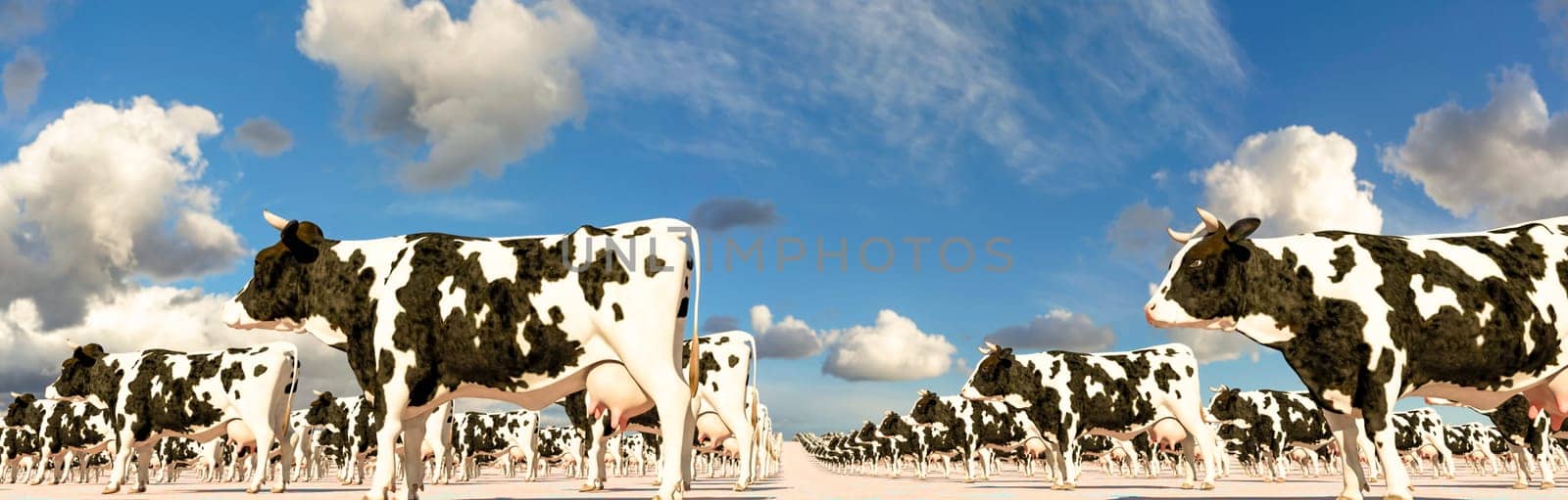 A vast array of dairy cows in repeating patterns stretching to the horizon beneath a blue sky with fluffy clouds.