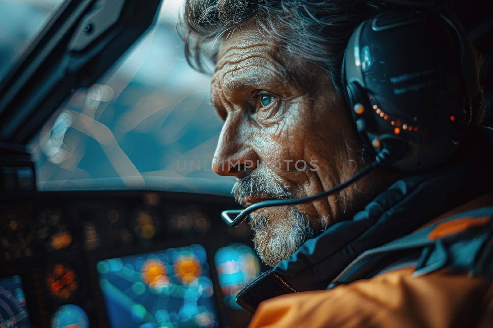 A man wearing a headset sits in the cockpit of an aircraft, focused on his controls and instruments.