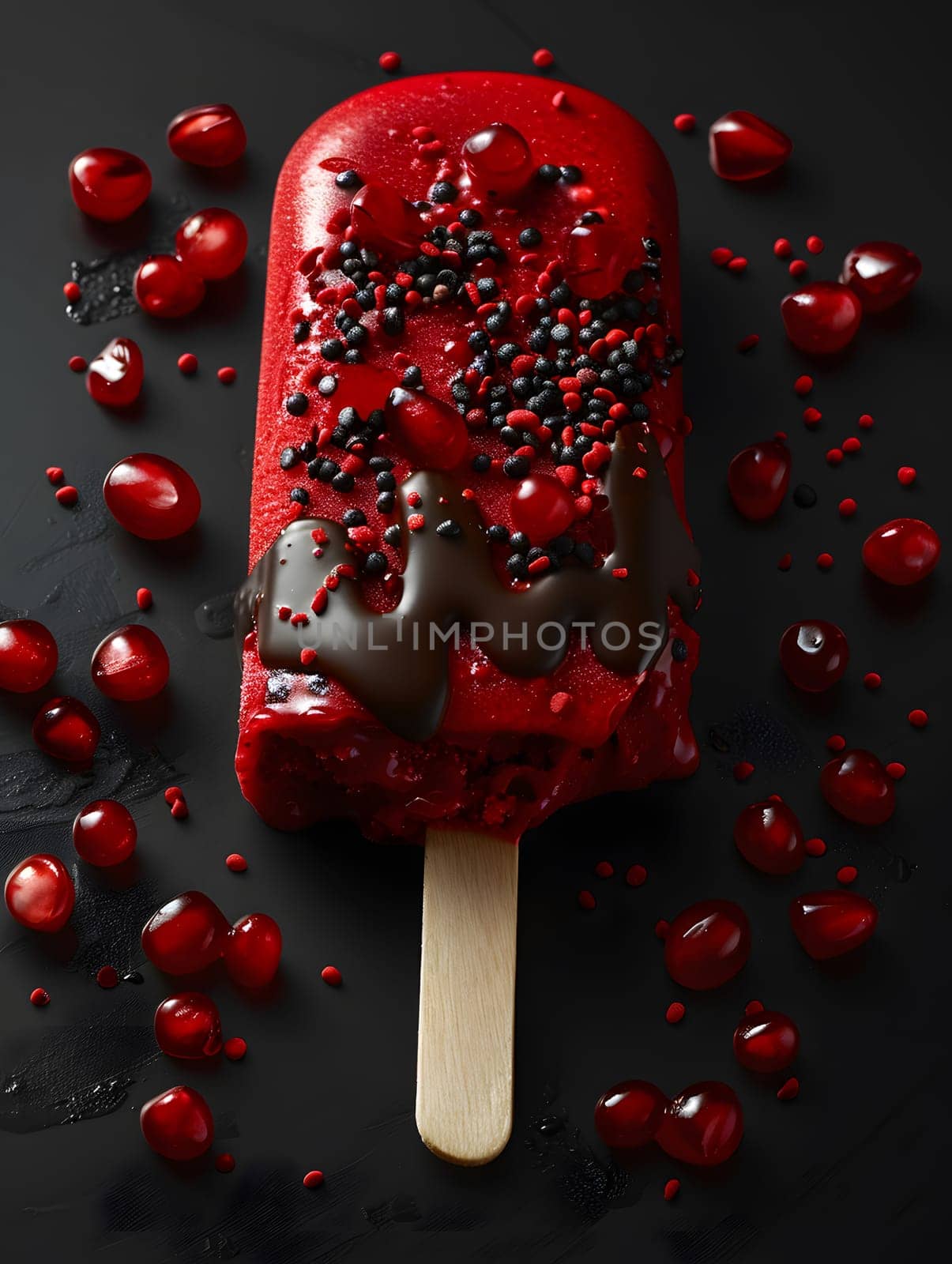 A refreshing red popsicle made with pomegranate seeds, water, and natural ingredients. Topped with chocolate sprinkles for a delicious treat