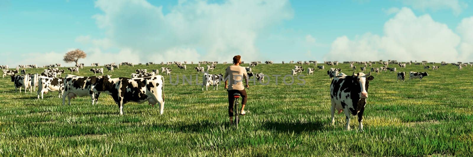 A peaceful scene capturing a man on a bicycle meandering among a herd of cows on a vibrant green farm.