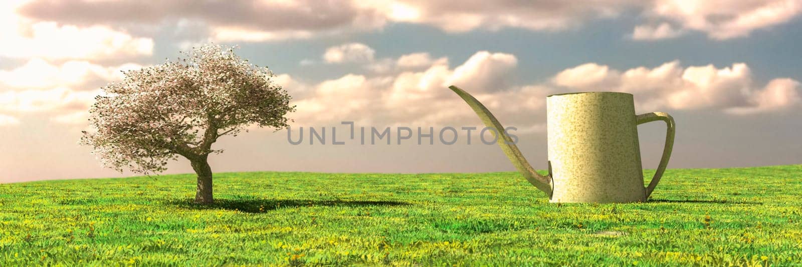 Spring's Gentle Embrace: Blossoming Tree and Watering Can in a Surreal Landscape by Juanjo39
