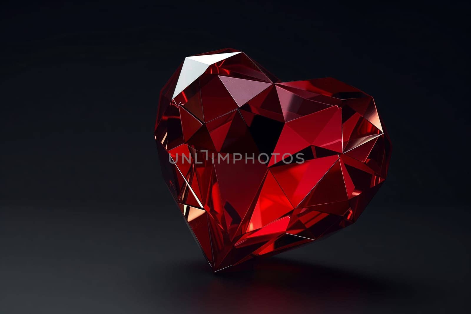 A magenta heartshaped diamond, a fashion accessory, rests on a black surface with a pattern of electric blue triangles. The art piece showcases symmetry and craft in its design