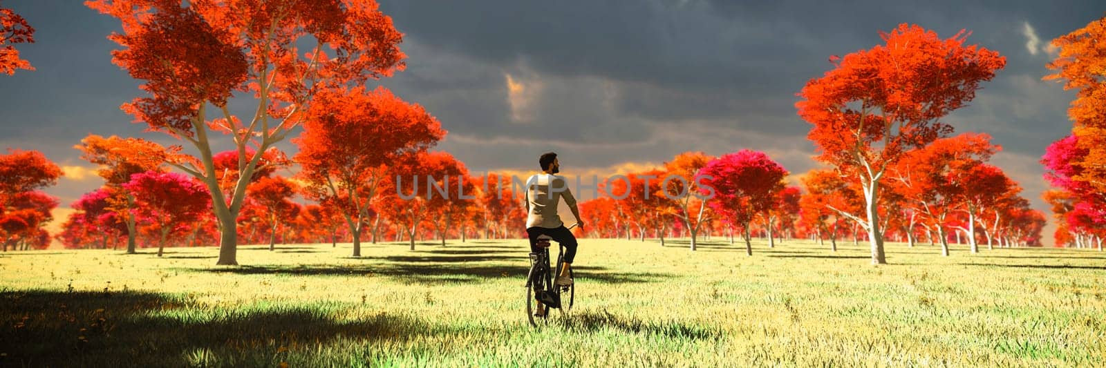 A dreamlike scene where a solitary cyclist meanders through an avenue of trees with unreal crimson foliage under a stormy sky.