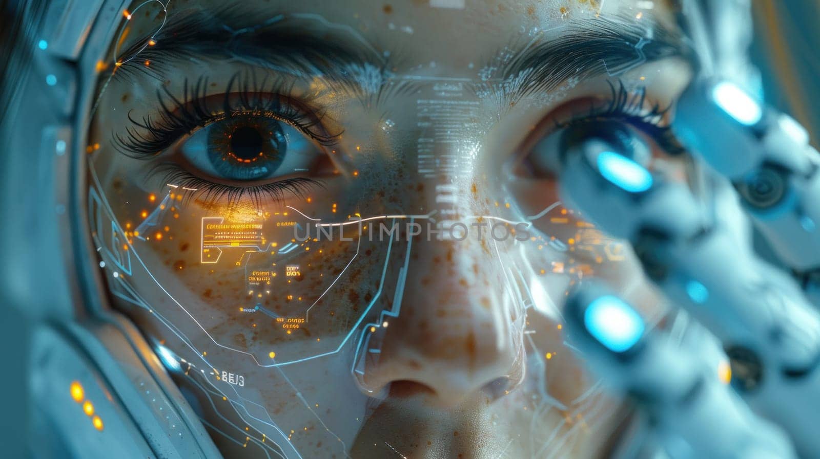 A close-up of a womans face showing futuristic blue eyes, reflecting advancements in technology and biometrics.