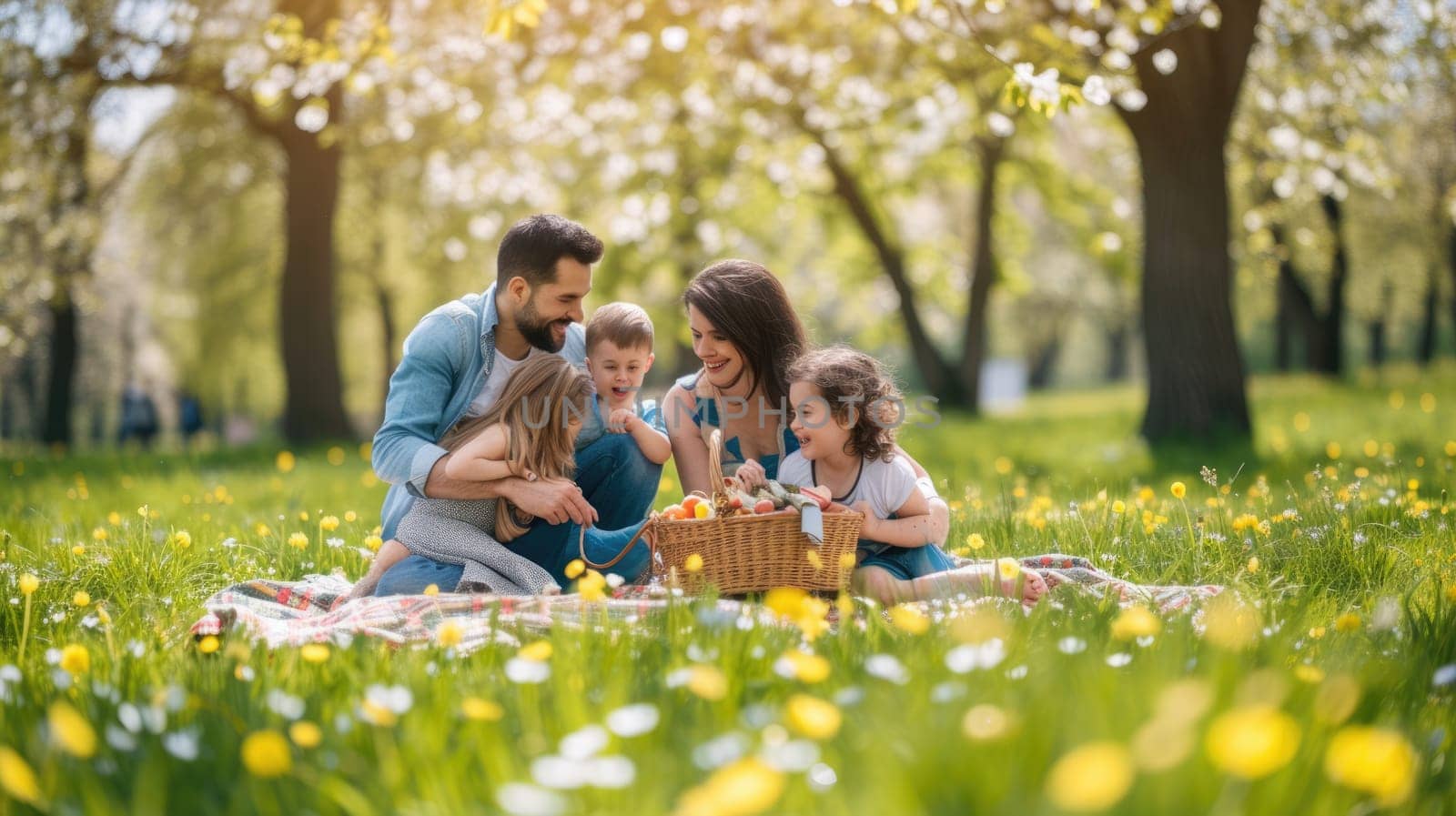 A happy family enjoys leisure and recreation in nature's beautiful landscape, surrounded by trees, flowers, and plants in the park. AIG41