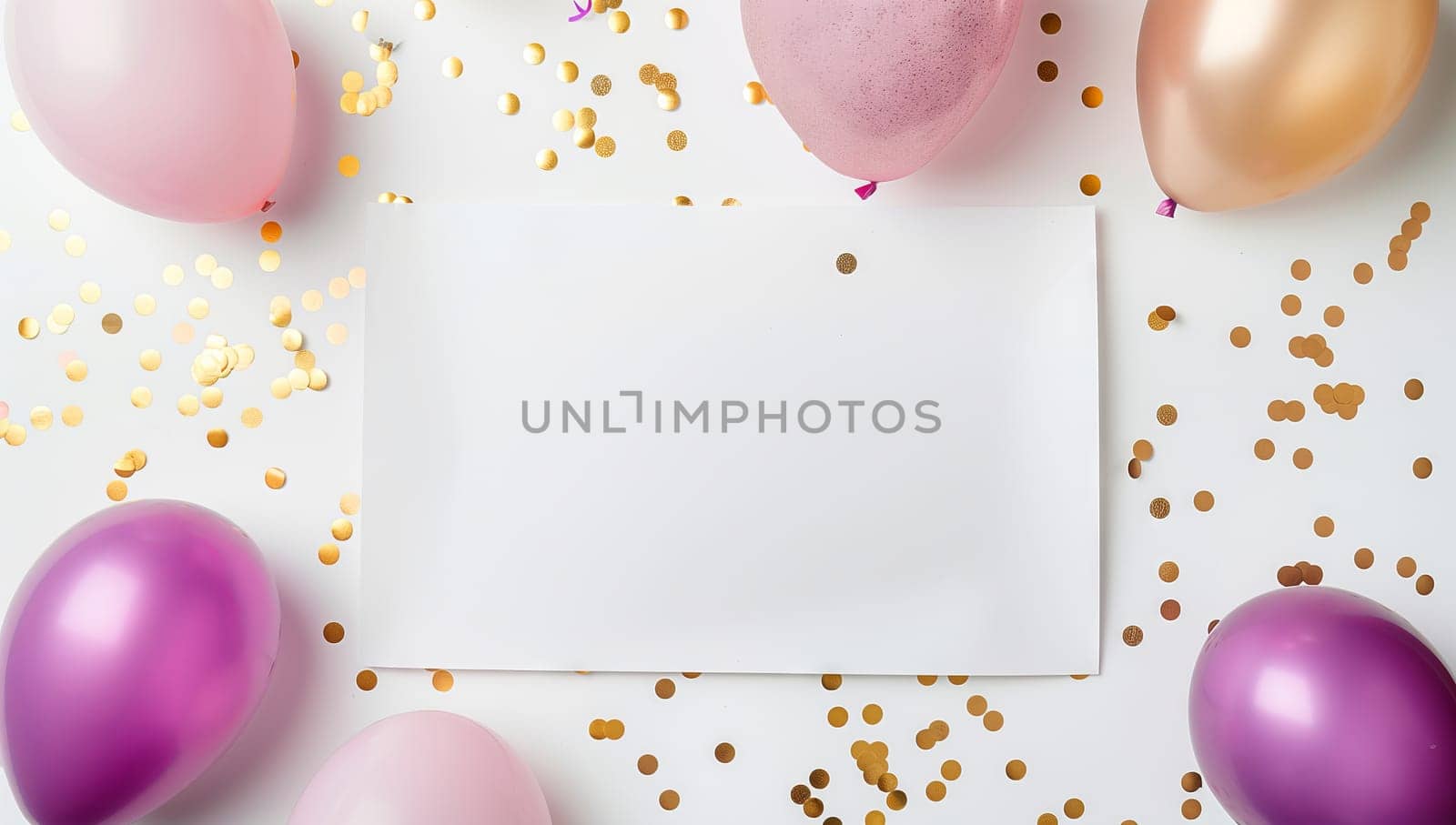 A white card is adorned with a backdrop of pink and purple balloons, confetti, and petals, creating a festive and vibrant atmosphere