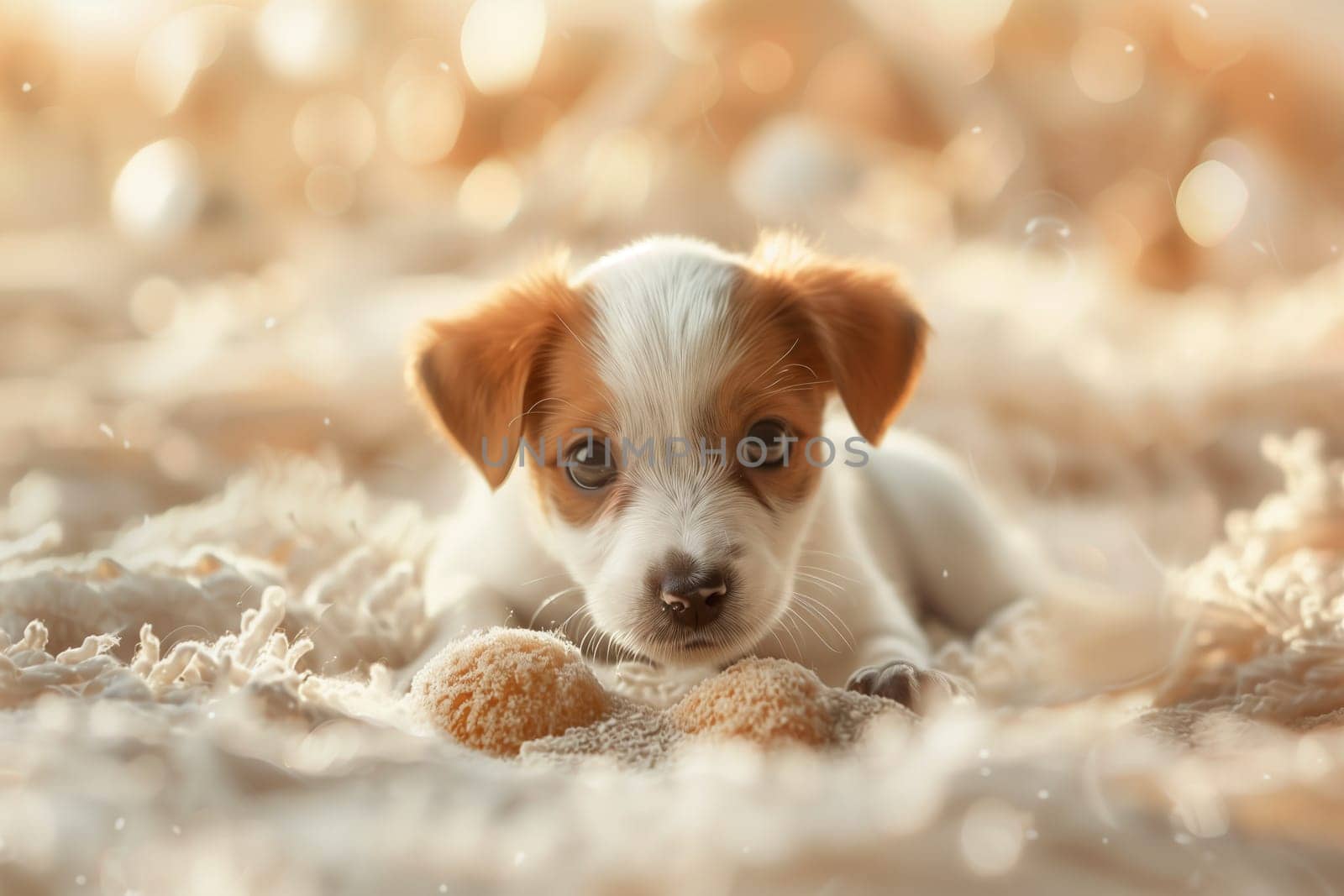 A fawncolored puppy from the Sporting Group, a terrestrial animal and carnivore belonging to the Canidae family, is resting on a blanket with its white fur shining under the sun