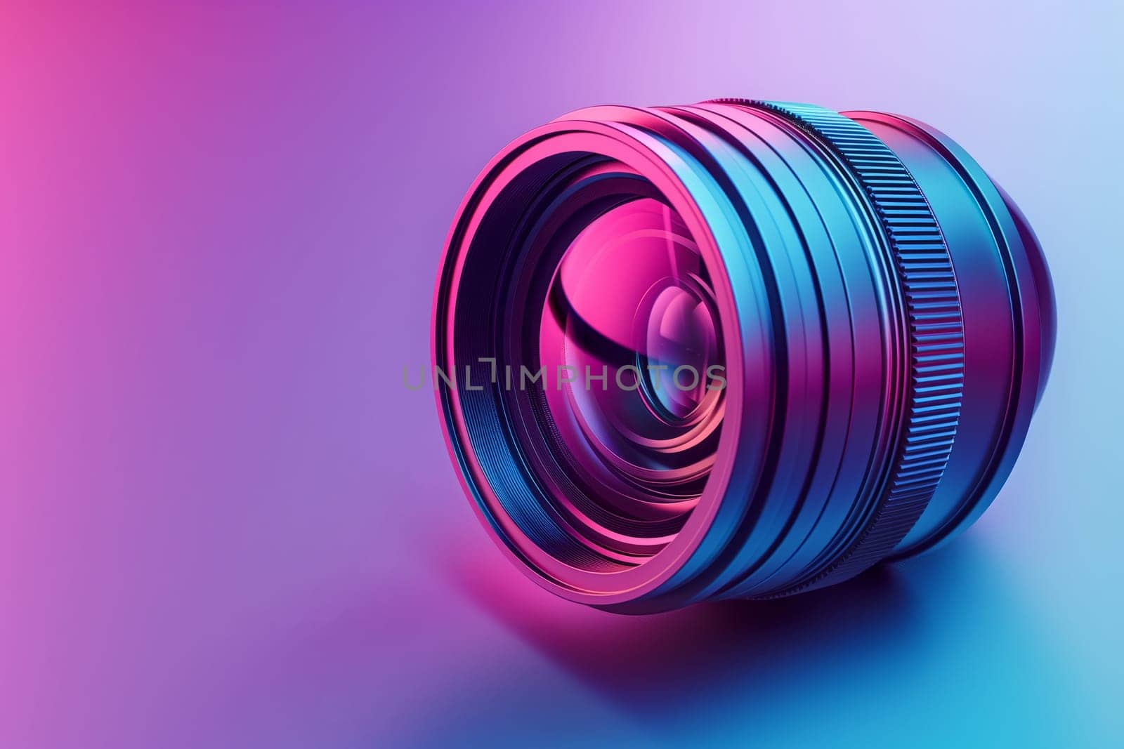 A closeup of a camera lens on a purple and electric blue background, showcasing camera accessories and tints of magenta and violet