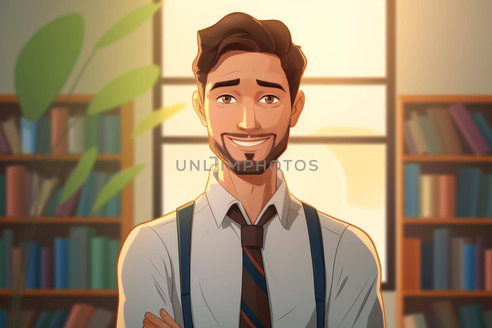 Cheerful Smiling male teacher. Man teacher posing in front of classroom. Generate ai