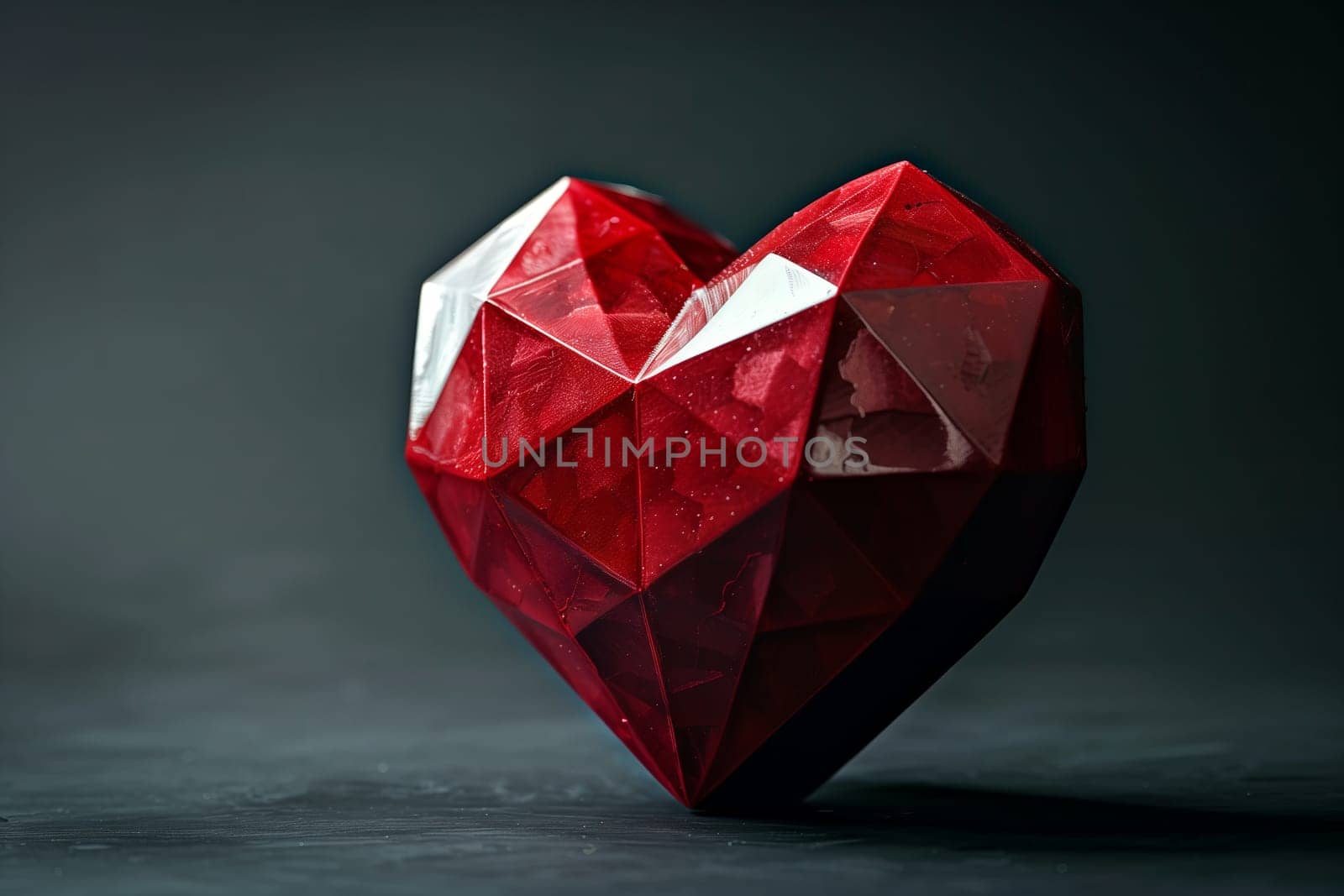 A creative arts piece featuring a red diamond heart sitting on a table. The jewellery design showcases symmetry, crafted with electric blue and magenta patterns. Artistry at its finest