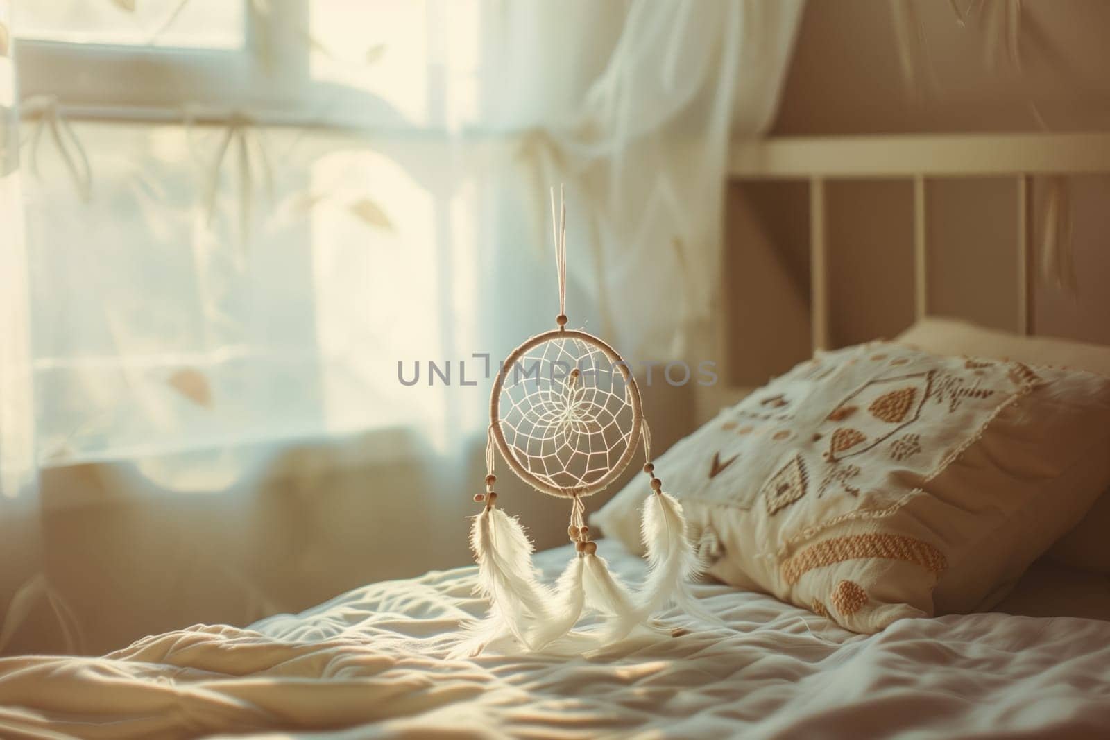A wooden dream catcher hangs above a hardwood bed near a window, creating a serene still life photography scene in the room with glass accents and natural linens