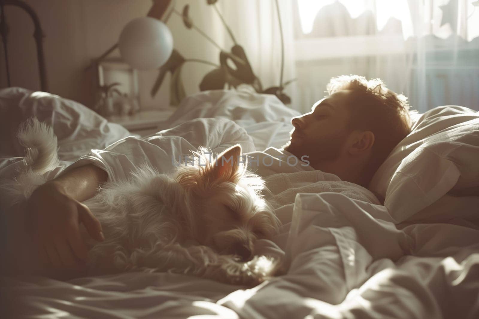 A man is sleeping with a cat for comfort in his bed by richwolf