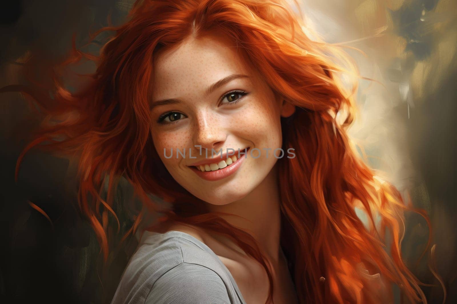 Vivacious Red haired girl. Color long hair. Generate Ai