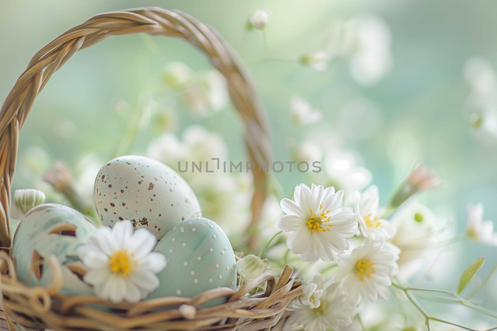 A beautiful arrangement of white flowers and colorful Easter eggs in a basket, showcasing the beauty of nature with a touch of holiday spirit