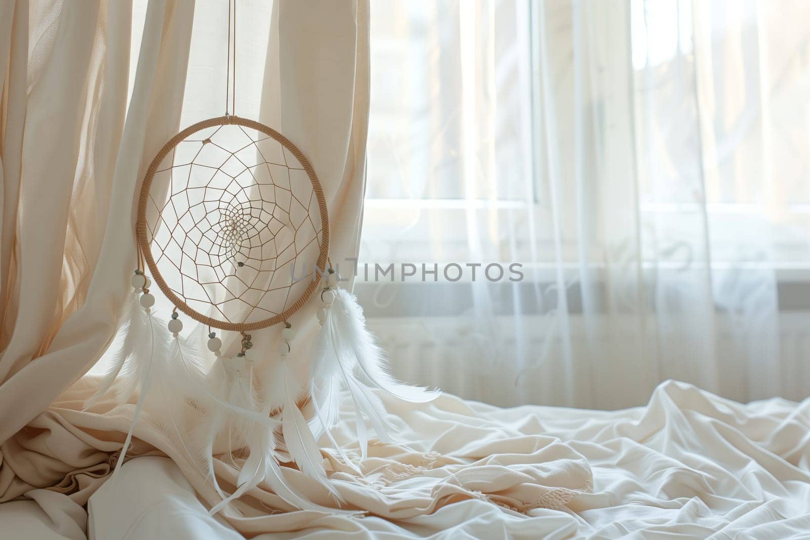 a dream catcher is sitting on top of a bed next to a window by richwolf