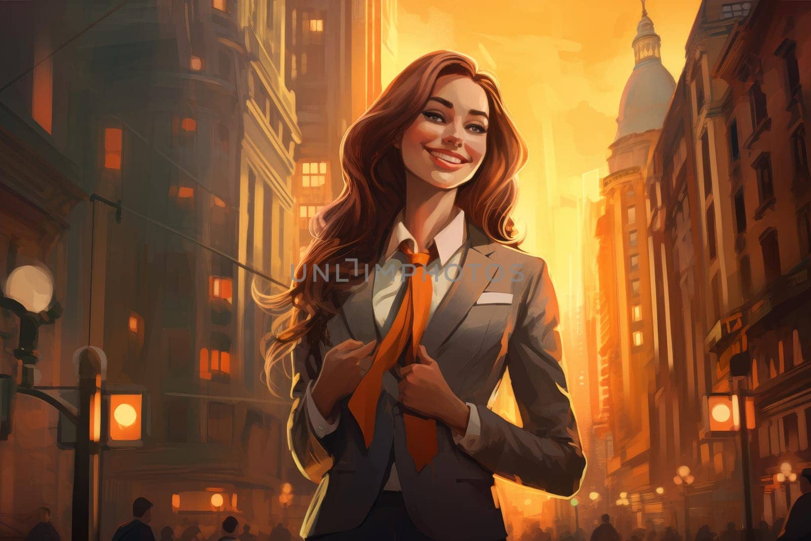 Cheerful Smiling saleswoman in city. Confident positive sales clerk lady. Generate ai