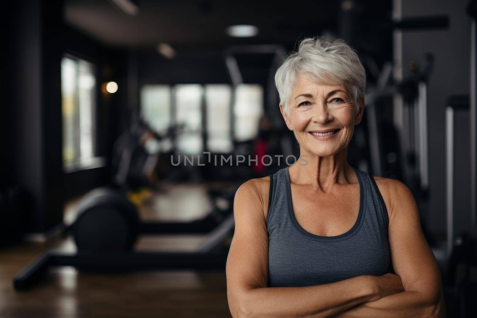 Active Smiling senior woman training. Athletic older lady exercising cozy home. Generate AI