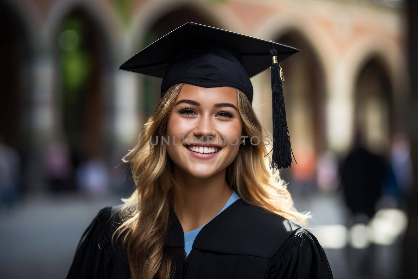 Joyous Smiling girl graduation. Female college. Generate Ai