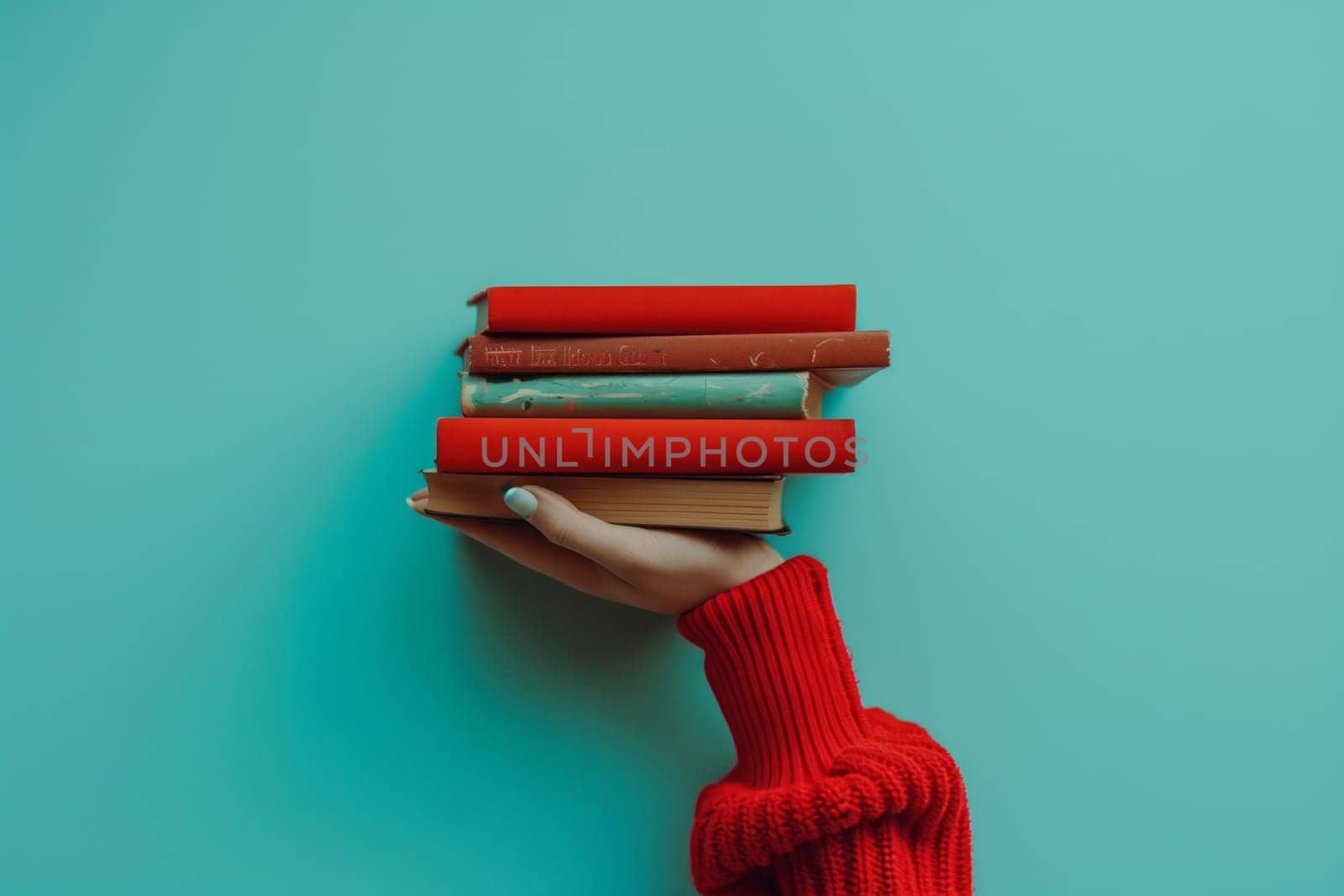 Person holding stack of electric blue, plastic, magenta books with carmine font by richwolf